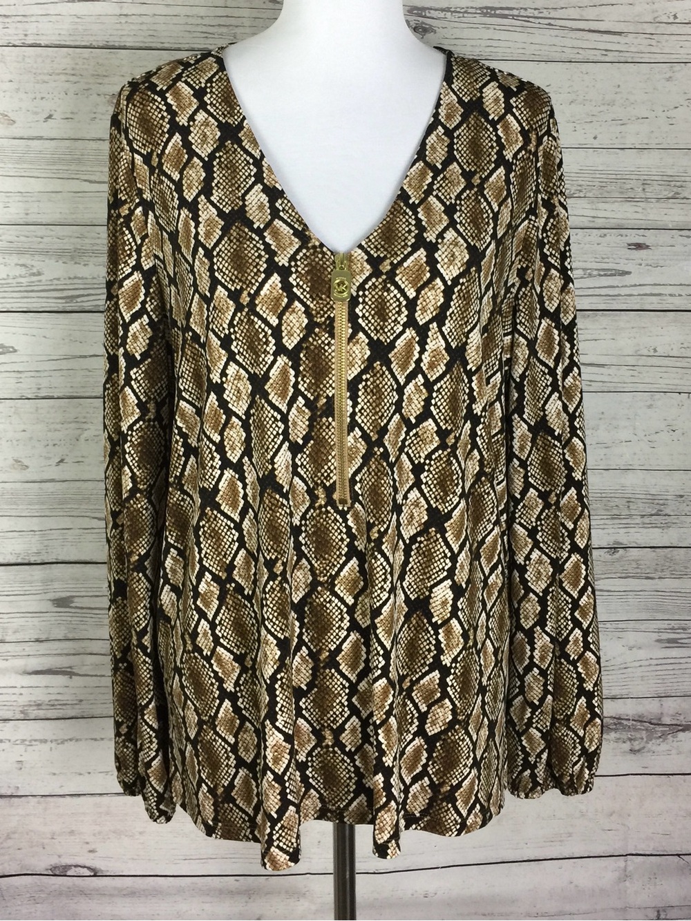 MICHAEL KORS Women's Size XL Brown V-Neck Snakeskin Gold Zip Front Stretch Top